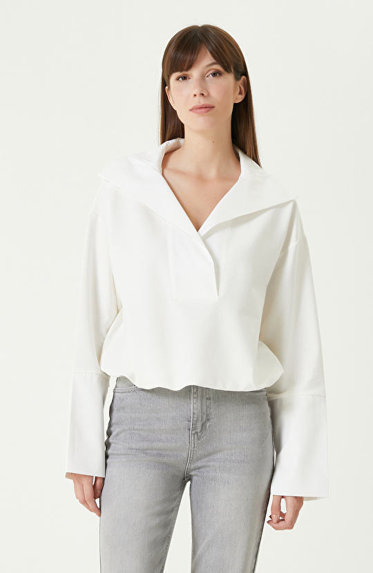 Kırık Beyaz Bel Büzgülü Örme Bluz