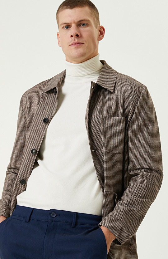 Kahverengi Kazayağı Desenli Comfort Ceket