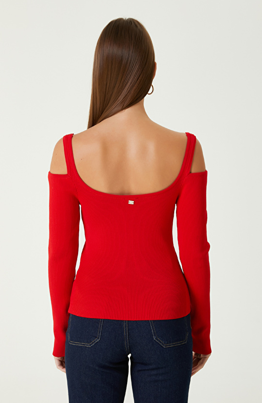 Kırmızı Omuz Detaylı Triko Kazak