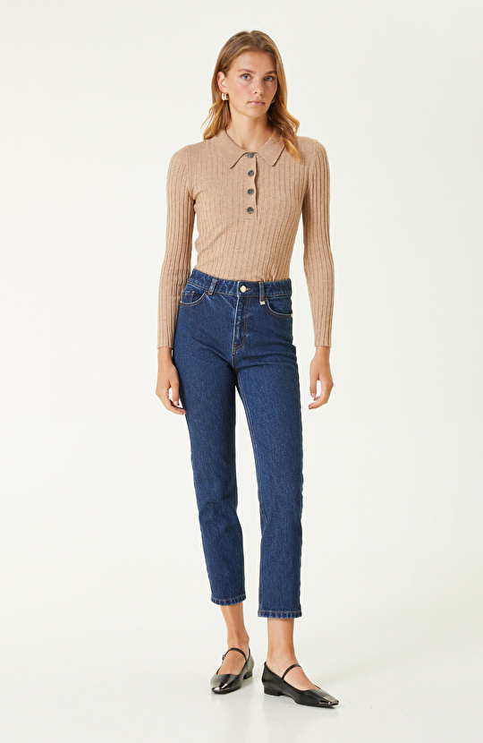 Beige Melange Polo Neck Knitwear Sweater