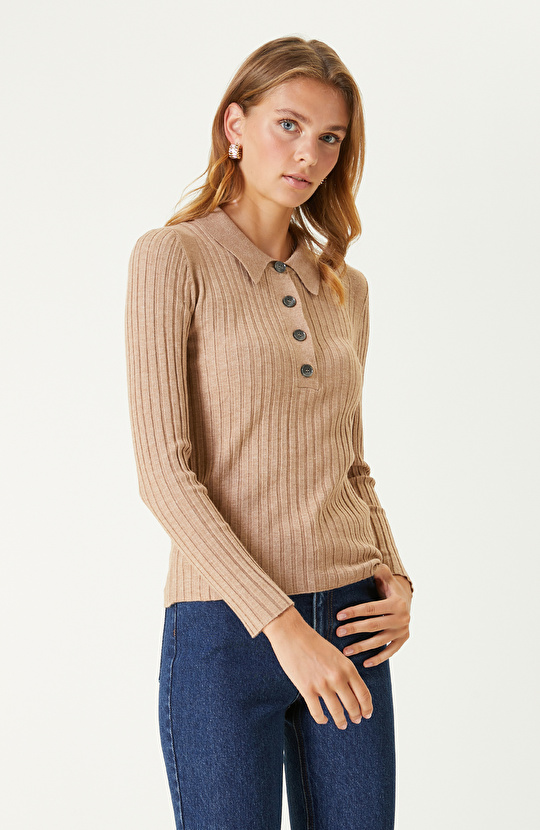 Beige Melange Polo Neck Knitwear Sweater