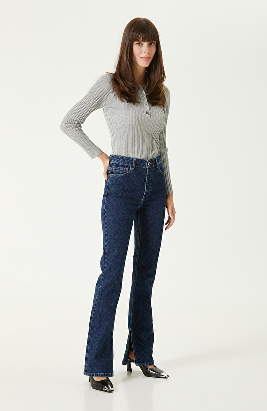 Gri Simli Polo Yaka Triko Kazak