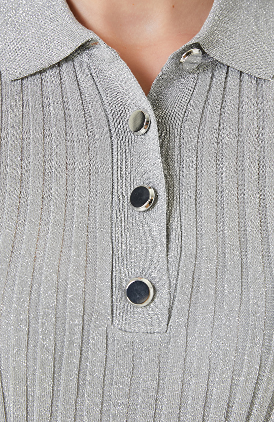 Gri Simli Polo Yaka Triko Kazak