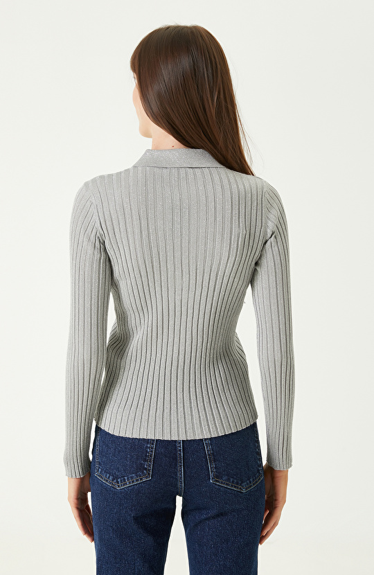 Gri Simli Polo Yaka Triko Kazak