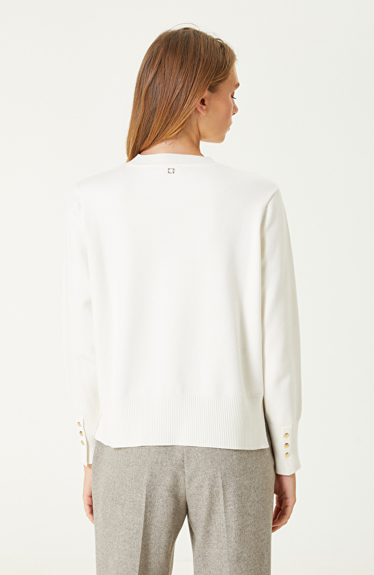 Kırık Beyaz Düğme Detaylı Basıc Triko Kazak