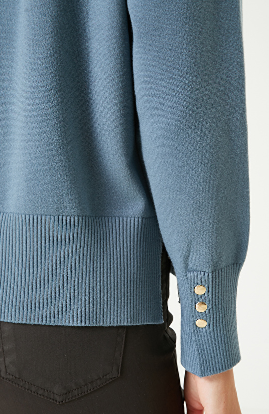 Açık Petrol Düğme Detaylı Basıc Triko Kazak