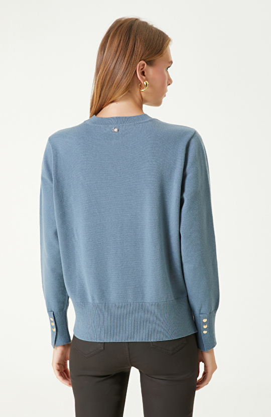 Açık Petrol Düğme Detaylı Basıc Triko Kazak