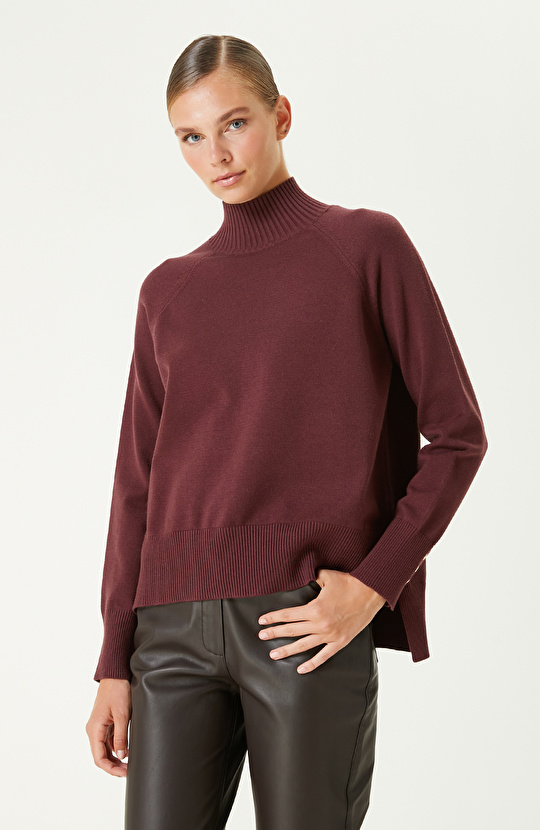 Bordo Düğme Detaylı Balıkçı Yaka Basıc Triko Kazak