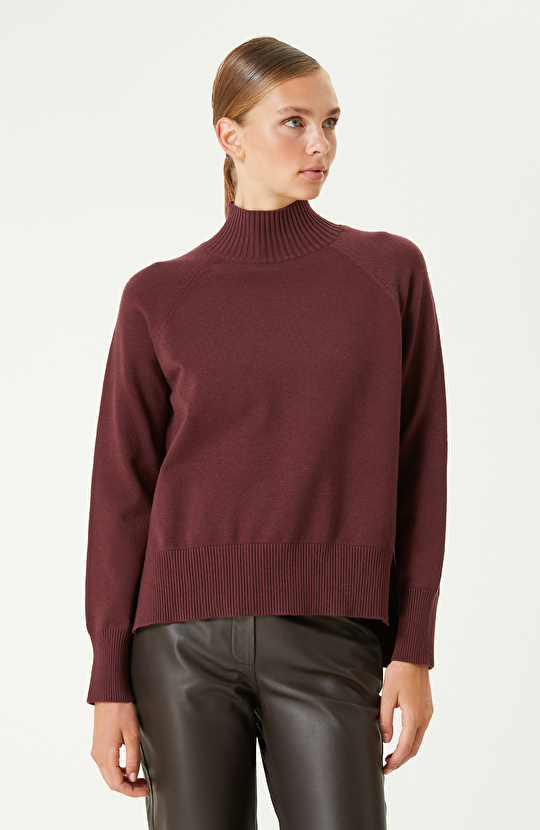 Bordo Düğme Detaylı Balıkçı Yaka Basıc Triko Kazak