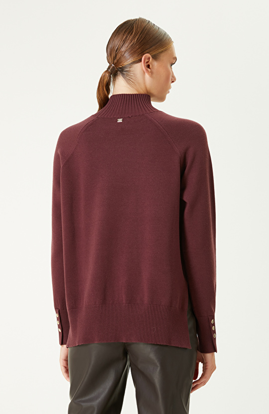 Bordo Düğme Detaylı Balıkçı Yaka Basıc Triko Kazak