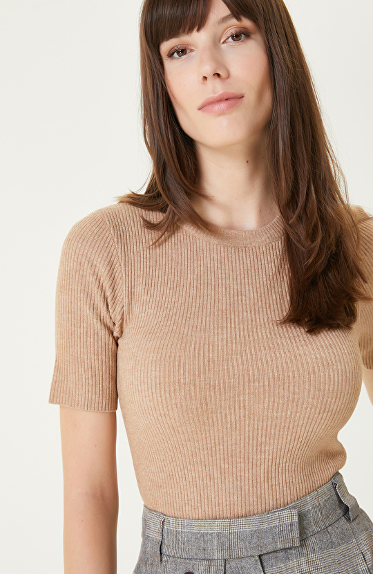 Bej Melanj Kısa Kol Basıc Triko Kazak