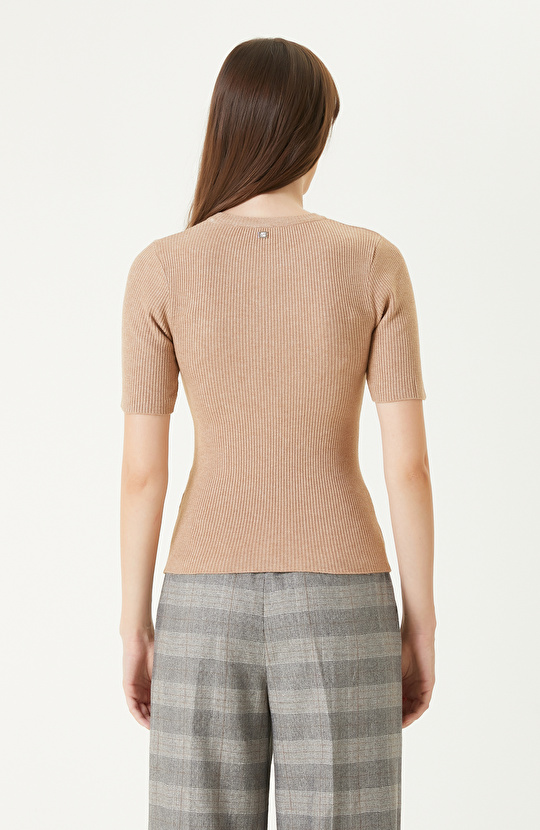 Bej Melanj Kısa Kol Basıc Triko Kazak