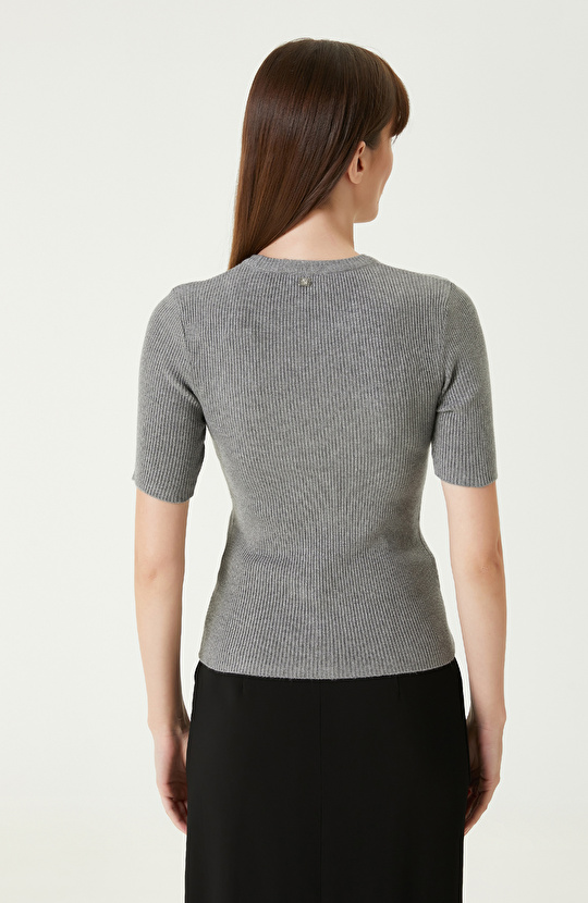 Gri Melanj Kısa Kol Basıc Triko Kazak