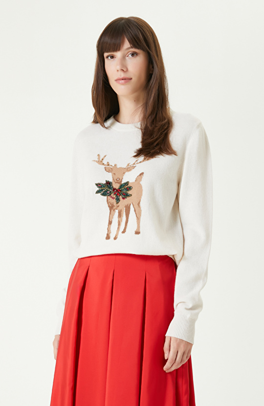 Kırık Beyaz Yün Kaşmir Karışımlı Triko Kazak