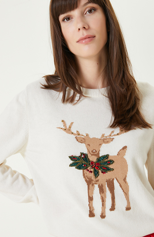 Kırık Beyaz Yün Kaşmir Karışımlı Triko Kazak