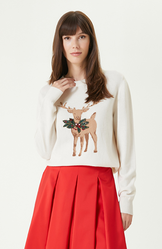 Kırık Beyaz Yün Kaşmir Karışımlı Triko Kazak