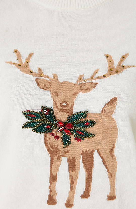 Kırık Beyaz Yün Kaşmir Karışımlı Triko Kazak