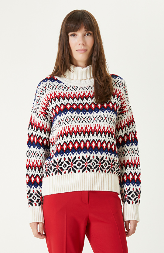 Renkli Yün Karışımlı Desenli Triko Kazak