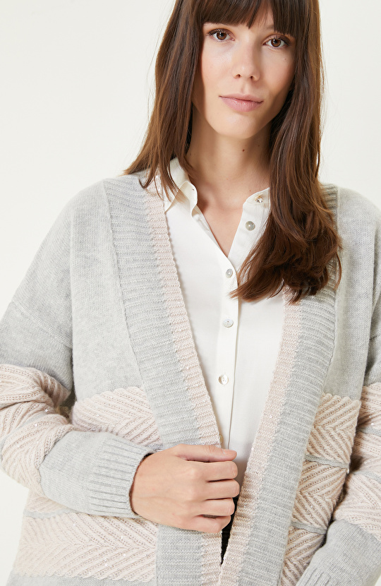 Gri Melanj Yün Karışımlı Uzun Hırka