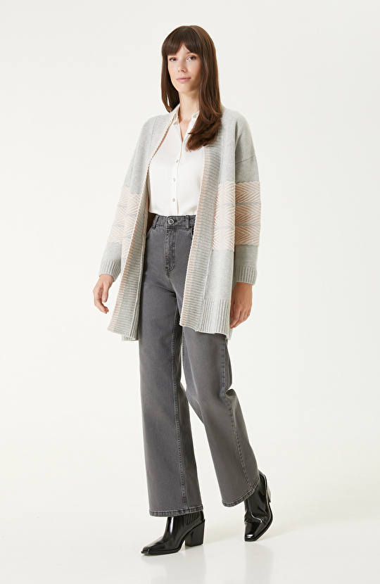 Gri Melanj Yün Karışımlı Uzun Hırka