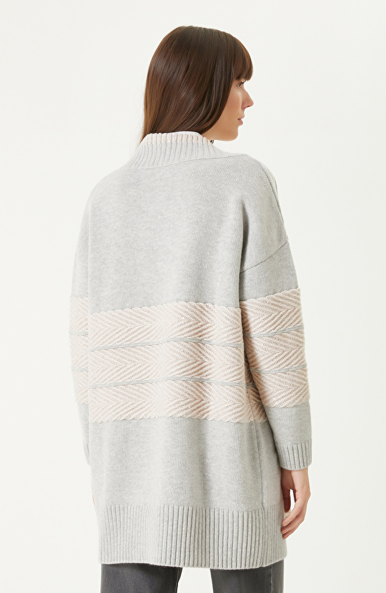 Gri Melanj Yün Karışımlı Uzun Hırka