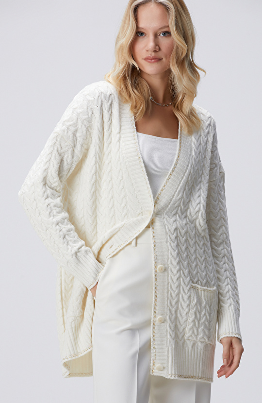 Kırık Beyaz Limited Yün Kaşmir Karışımlı Hırka