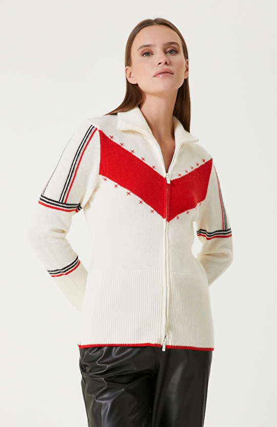 Kırmızı Kırık Beyaz Yün Karışımlı Hırka