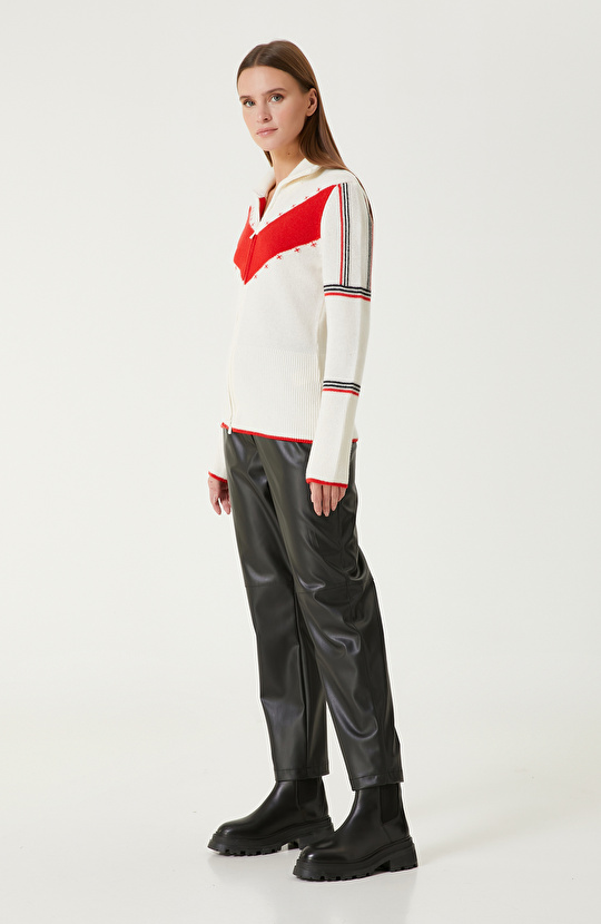 Kırmızı Kırık Beyaz Yün Karışımlı Hırka