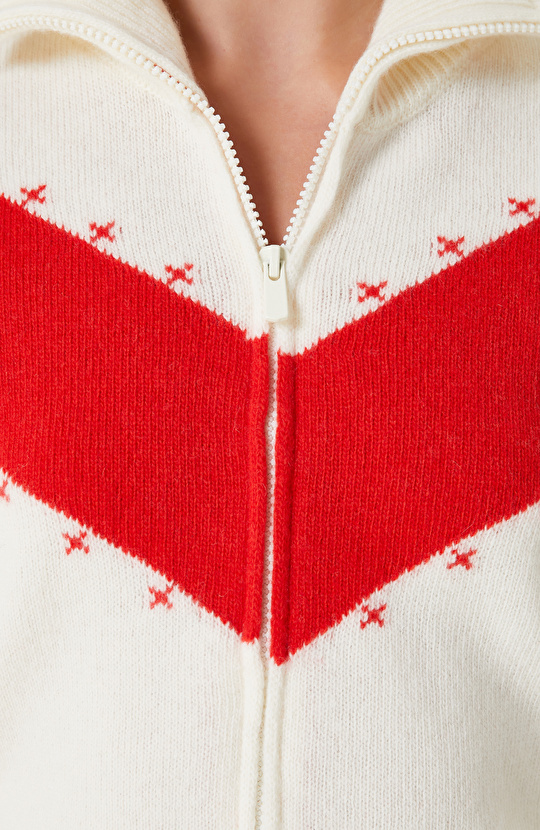 Kırmızı Kırık Beyaz Yün Karışımlı Hırka