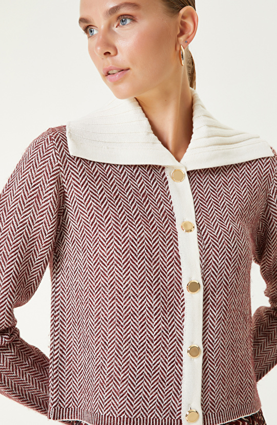 Bordo Kırık Beyaz Yün Karışımlı Balıksırtı Desenli Hırka