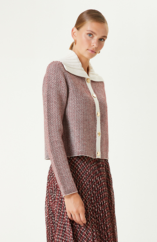 Bordo Kırık Beyaz Yün Karışımlı Balıksırtı Desenli Hırka