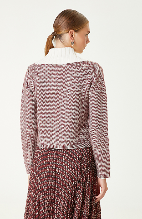 Bordo Kırık Beyaz Yün Karışımlı Balıksırtı Desenli Hırka