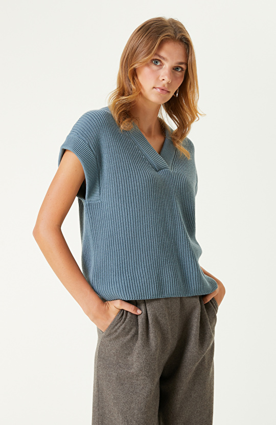 Açık Petrol V Yaka Süveter