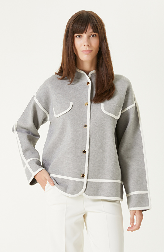 Gri Melanj Biye Detaylı Triko Ceket