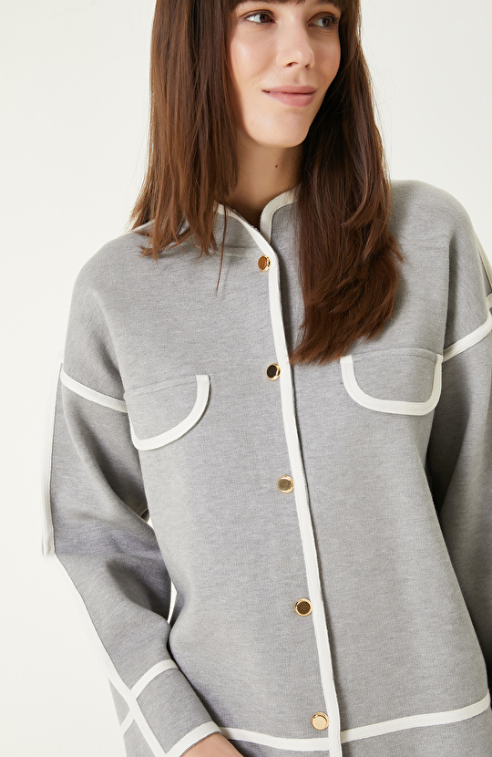Gri Melanj Biye Detaylı Triko Ceket