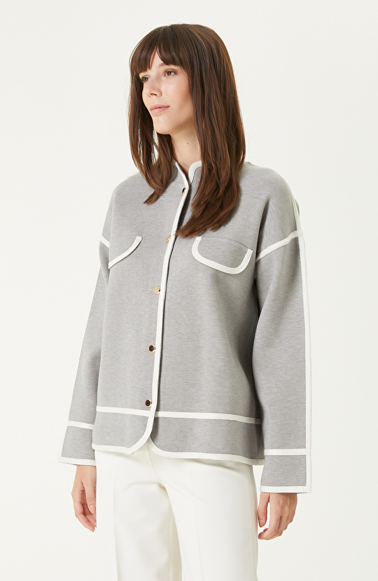 Gri Melanj Biye Detaylı Triko Ceket
