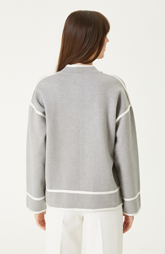 Gri Melanj Biye Detaylı Triko Ceket