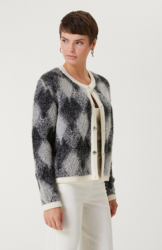 Gri Lacivert Yün Karışımlı Triko Ceket