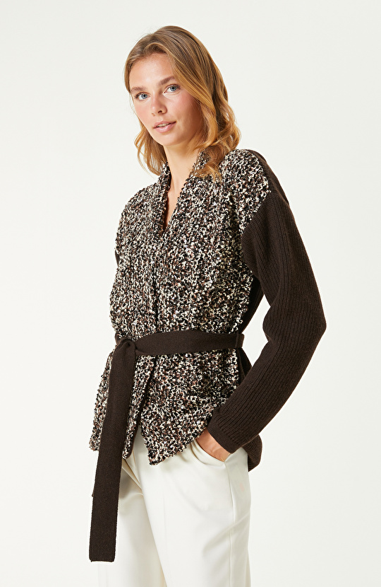 Kahverengi Yün Karışımlı Payetli Triko Ceket Kahverengi Yün Karışımlı Payetli Triko Ceket