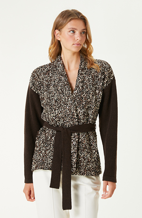 Kahverengi Yün Karışımlı Payetli Triko Ceket