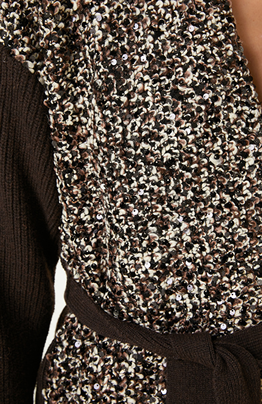 Kahverengi Yün Karışımlı Payetli Triko Ceket