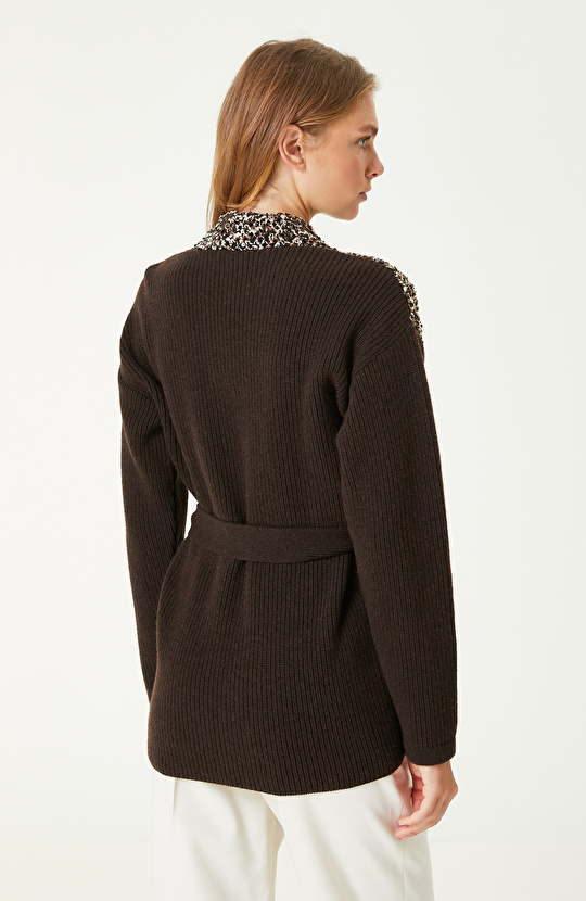 Kahverengi Yün Karışımlı Payetli Triko Ceket
