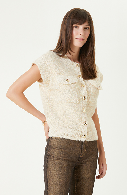 Kırık Beyaz Yumuşak Dokulu Simli Triko Ceket