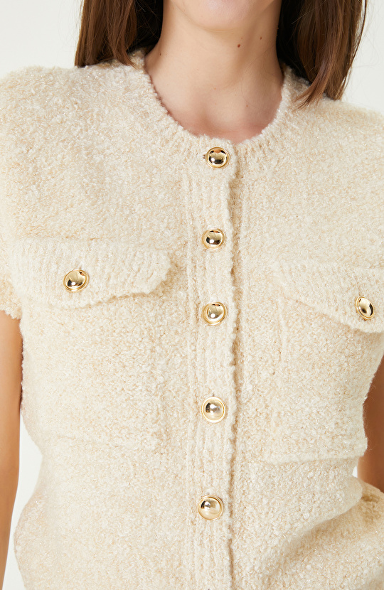 Kırık Beyaz Yumuşak Dokulu Simli Triko Ceket