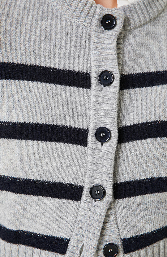 Gri Lacivert Yün Karışımlı Çizgili Hırka