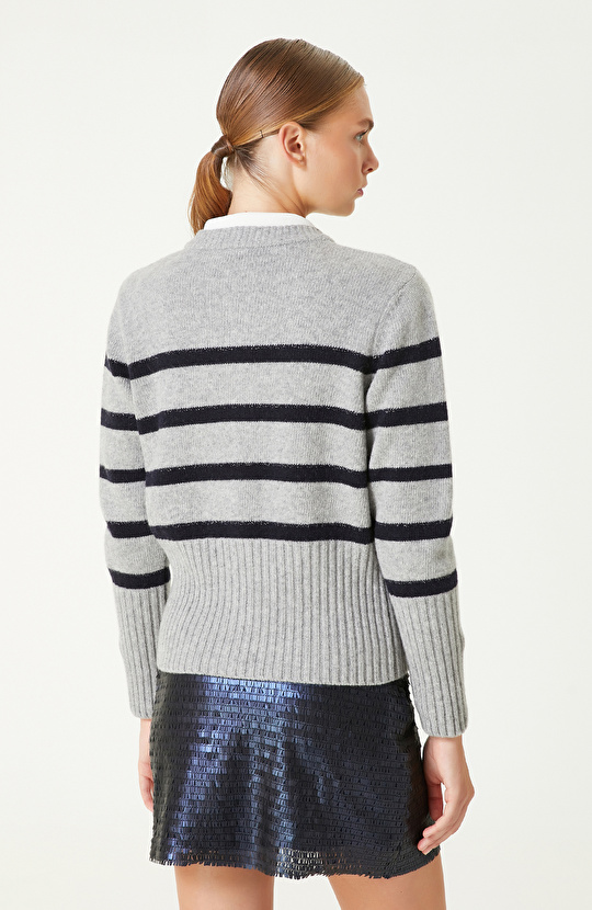 Gri Lacivert Yün Karışımlı Çizgili Hırka