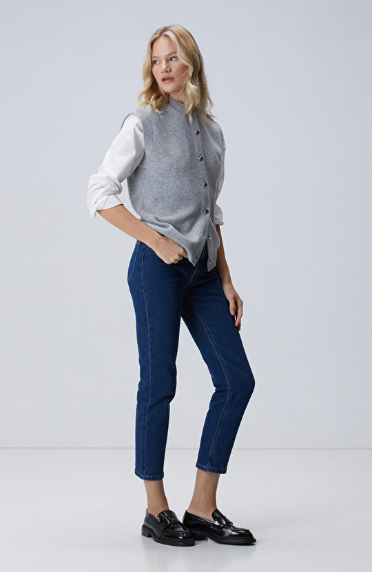 Gri Melanj Yün Karışımlı Triko Yelek