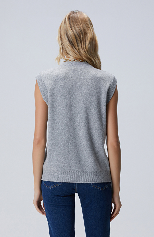 Gri Melanj Yün Karışımlı Triko Yelek