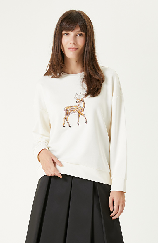 Kırık Beyaz Nakışlı Taş İşlemeli Sweatshırt