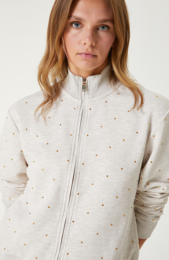 Bej Melanj Taş Baskı Detaylı Sweatshirt